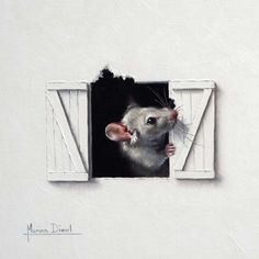 a painting of a rat sticking its head out of a window with the shutters open