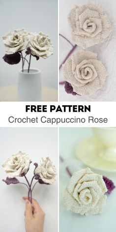 crochet cappuccino rose pattern is shown in four different pictures