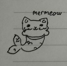 a drawing of a cat sitting on top of a piece of paper with the word memeow written in it