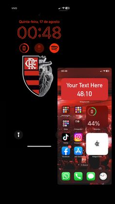 an iphone screen with the text your text here on it and a red shield logo