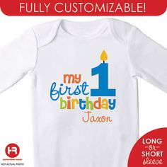 a baby's first birthday bodysuit with the words, my first birthday mason on it