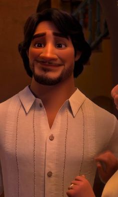 an animated man in a white shirt is smiling