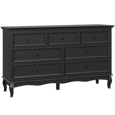 a black dresser with six drawers and two pulls on the bottom, in front of a white background