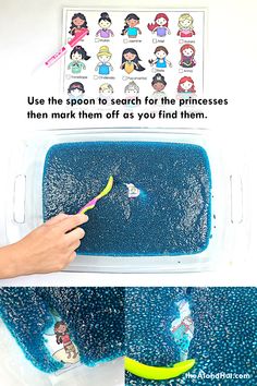 Fun and simple twist on a traditional sensory bin. Find the Disney Princesses by digging thourgh chia seed slime. Download our free printables, print and laminate, then put the disney princess scene underneath a clear glass casserole dish. Check off each princess as you find them. Great sensory activity for toddlers and preschoolers. #disneyprincess #disney #stayathome #homeschoolpreschool #freeprintables #freeprintablesforkids #sahm #chiaseedslime #sensorybin #toddleractivities Chia Seed Slime, Sensory Activity For Toddlers, Disney Princess Activities, Fairy Tales Preschool, Princess Activities, Glass Casserole Dish, Character Activities, Toddler Sensory Bins