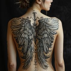 the back of a woman's body with black and grey wings on her back