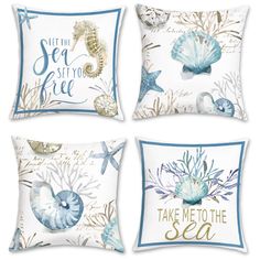 four pillows with seashells and starfish on them