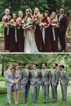 the bride and groomsmid are posing for pictures in their wedding party attires