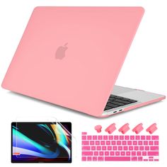 an apple macbook air case with keyboard and stickers on the cover, pink