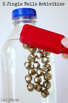 a hand holding a bottle with bells in it and the words, 3 single bells activities to try