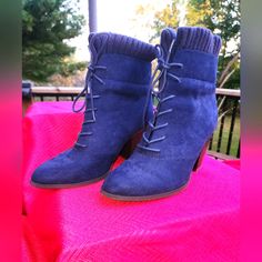 Justfab Raphaella Blue Heeled Boots Sz 9new In The Box Casual Blue Ankle Heeled Boots, Casual Blue Heeled Boots For Winter, Casual Blue Heels For Winter, Blue Boots With Stacked Heel For Fall, Blue Heeled Boots, Justfab Boots, Blue Heeled, Just Fab Boots, Brown High Boots