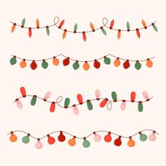 a string of christmas lights on a white background with red, green and orange lights