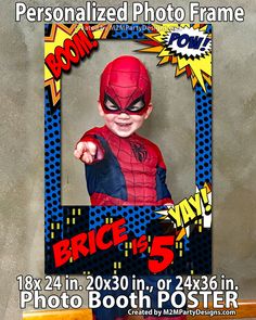 a child in a spiderman costume posing for a photo with the caption'personalized photo frame '