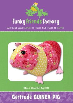 a pink stuffed animal sitting on top of a green and purple package with the words funky friends factory