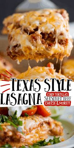 the cover of texas style lasagna with cheese and meat on it is shown