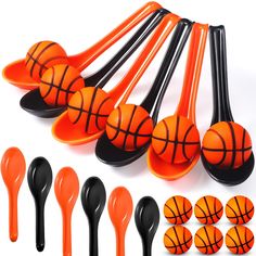 orange and black plastic spoons with basketball design