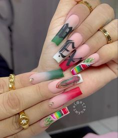 Mexico Flag Nails Designs, Long Mexican Nails, Mexico Inspo Nails, Mexican Nails Ideas, Mexico Independence Day Nails, Nail Ideas For Mexico, Mexican Nails Acrylic, Summer Nails Mexico, Mexican Nail Designs Ideas