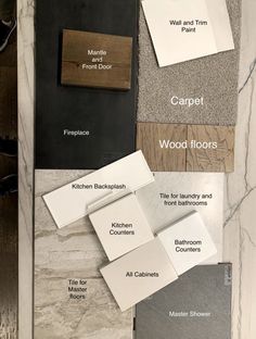 different types of wood flooring samples with names and colors for each one in the image