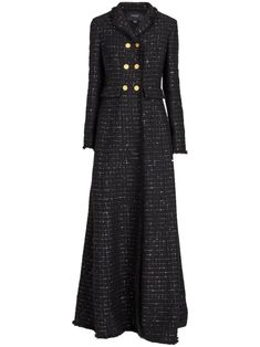 black tweed frayed edge notched lapels double-breasted button fastening two front flap pockets long sleeves straight hem floor-length Black Tweed, Wardrobe Edit, City Dress, Tweed Coat, Giambattista Valli, Coat Black, Exclusive Fashion, Coat Dress, Long Coat