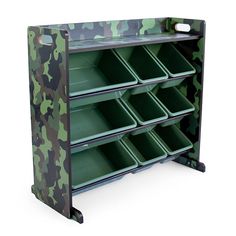 a green and black camo shelf with bins on each side is shown in front of a white background