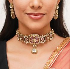 Victorian Kundan choker with pink/Red colored stones and Kundan and Zirconia Necklace with matching earrings The Necklace has adjustable Dori. The Earrings Have Pushbacks. Comes in few colors Indian Wedding Necklace, Indian Choker, Wedding Necklace Set, Junk Jewelry, Kundan Choker, Necklace Indian, Zirconia Necklace, Indian Necklace, Pakistani Jewelry