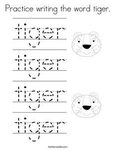 practice writing the word tiger worksheet for preschool and elementary kids to learn how to write