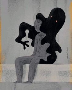 a drawing of a man sitting in front of a giant black object with an eye on it's face