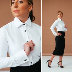 Premium quality white french cuff blouse for women from Luxury 100% cotton. Model designed with black buttons and elegant french cuffs for cufflinks. Elegant womens clothing tops.  Women's  french cuffs dress shirt designed with double cuffs for cufflinks. Style of this elegant collared shirt is ideal for the office, for business meeting, for wedding and casual events. This fitted blouse looks georgeous as elegant evening top, what you can wear as your wedding blouse or as for wedding guest. The Classic Blouse With Fold Down Collar And Buttons, White Formal Blouse With Button Closure, Timeless Formal Blouse With Spread Collar, Elegant Shirt With Fold Down Collar For Office Wear, Timeless Business Blouse With Fold Down Collar, Elegant Semi-formal Shirt With Covered Buttons, Timeless Formal Button-up Blouse, Classic Collared Blouse For Formal Occasions, Elegant Shirt With Covered Buttons And Fold Down Collar