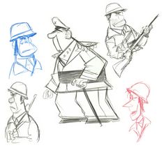 some sketches of people with hats and canes