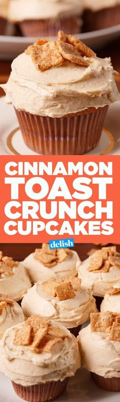 cinnamon toast crunch cupcakes on a plate with the words cinnamon toast cupcakes