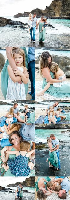 a collage of photos with people on the beach and one woman holding her child