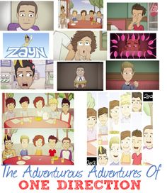 the adventures of one direction is shown in this animated poster, which features many different faces and