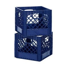 two blue crates stacked on top of each other