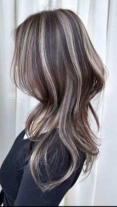 Ash Colored Highlights On Dark Hair, Ash Streaks On Brown Hair, Silver Ash Highlights On Dark Hair, Brown Hair And White Highlights, Layers Hair With Highlights, Brown Hair Mushroom Highlights, Hair Highlights For Dark Blonde Hair, Silver On Brown Hair, Ash Tone Highlights For Dark Hair