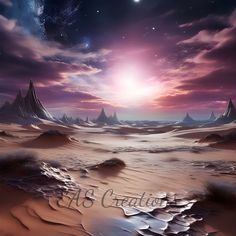 an alien landscape with mountains and stars in the sky