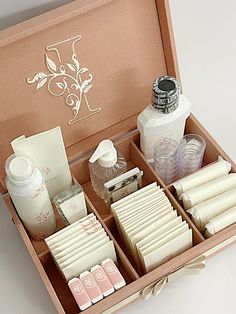 an open wooden box filled with personal care items