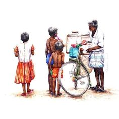 an older woman and two children standing next to a bicycle