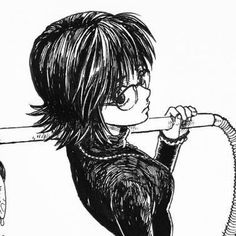 a black and white drawing of a girl holding a baseball bat in her right hand