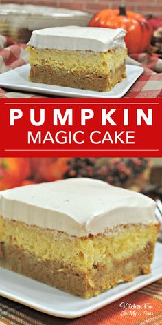 two slices of pumpkin magic cake on plates