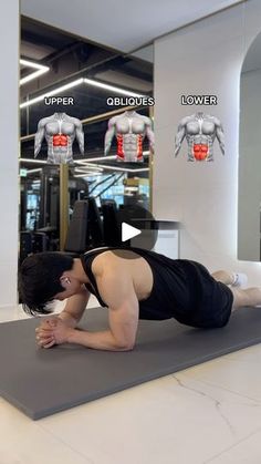 a man is doing push ups on a mat in the middle of an exercise room