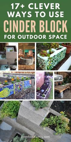 an outdoor space with several different types of cinder blocks and plants in it, including flowers