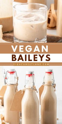 three bottles of vegan bailey's are sitting on a table next to bread