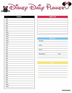 the disney daily planner is shown in red, yellow and blue