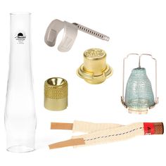 an assortment of items that include candles, teapots and other things on a white background