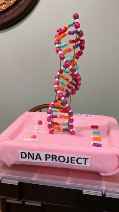 there is a pink box with some beads on it and the letters dna project