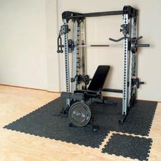 a home gym equipment set up in a room