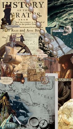 the collage has many different pictures and words on it, including an image of a ship