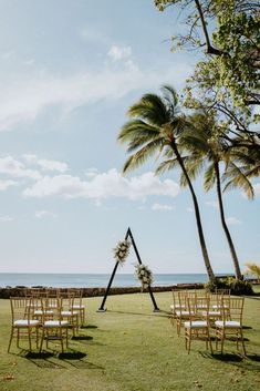 an outdoor ceremony setup with chairs and palm trees in the foreground, overlooking the ocean