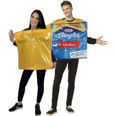 two people dressed in costumes standing next to each other holding bags of chips and pizza