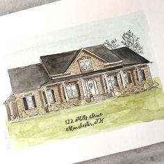 a drawing of a house in watercolor on paper