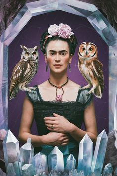 a woman with two owls on her shoulder and an owl perched on her shoulders, in front of a purple background